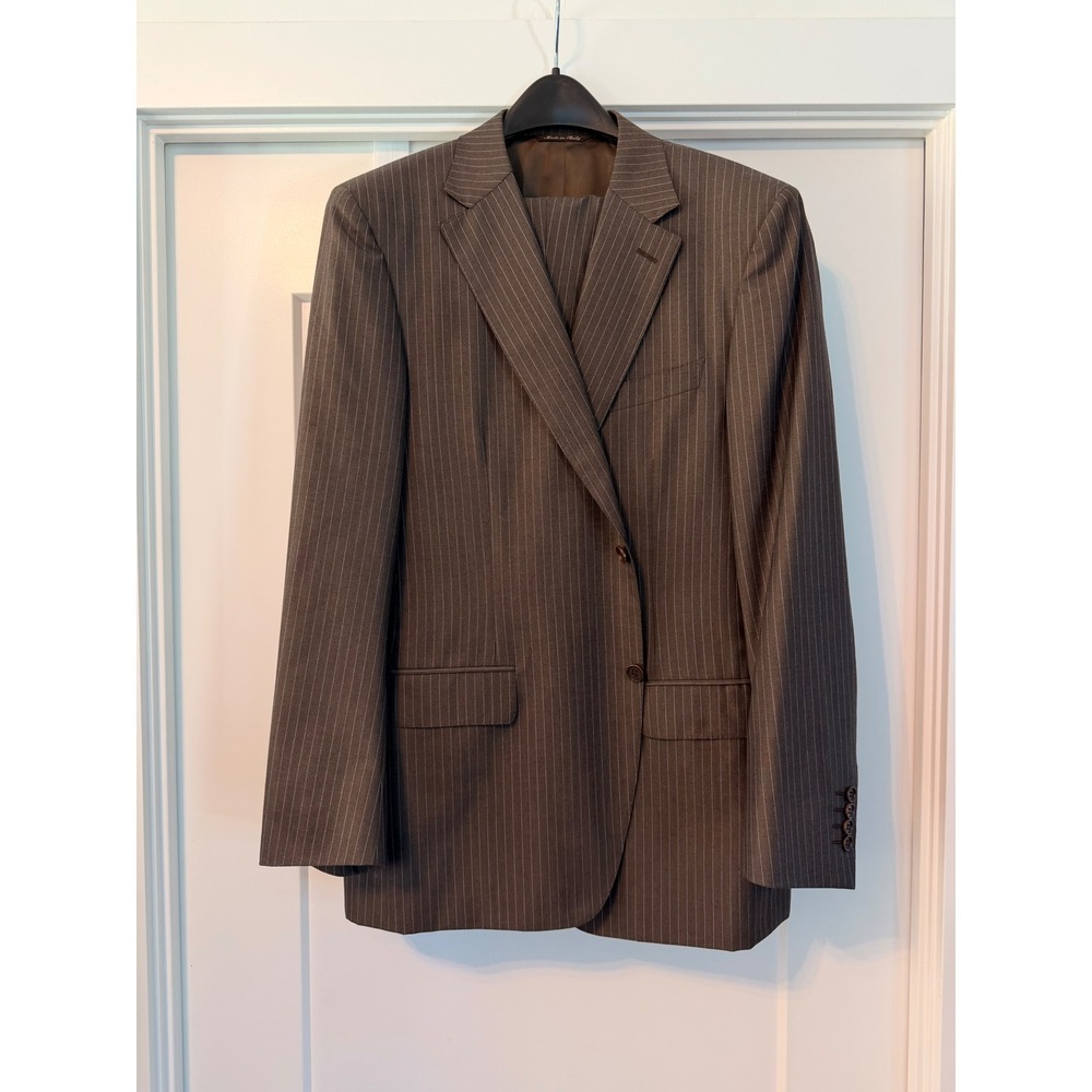 Canali Mens Brown Pinstripe Luxury Suit 56 8R Pure Wool Italy Designer